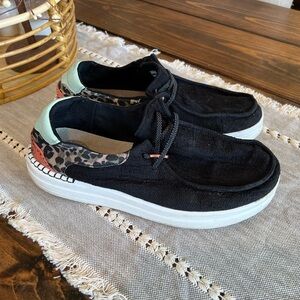 Hey Dude Wendy Rise Funk Black Casual Sneakers, 10 with Leopard/Snakeskin Print